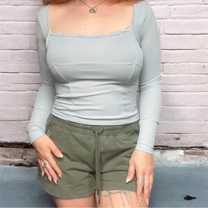 No comment Women's M Sky Blue Ribbed Corset Long Sleeve Crop Tee Lace Trim